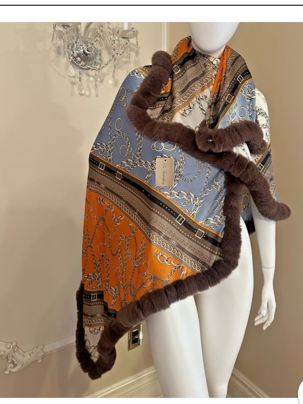 La Fiorentina Chain-Print wrap with Faux Fur Trim - Orange/Blue/Cream